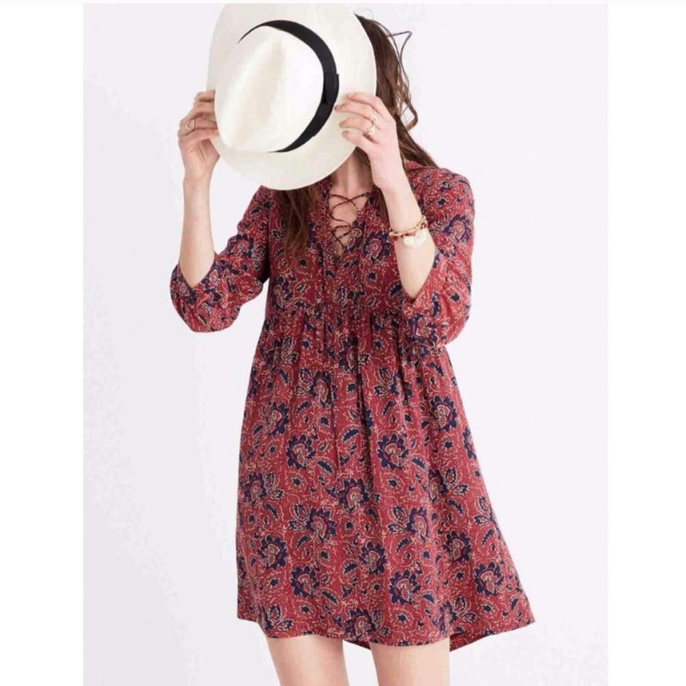 Madewell 100% Silk Lace-Up Assam Floral Dress
